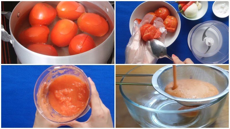 Xay nhuyễn hỗn hợp cà chua, hành, ớt làm sốt