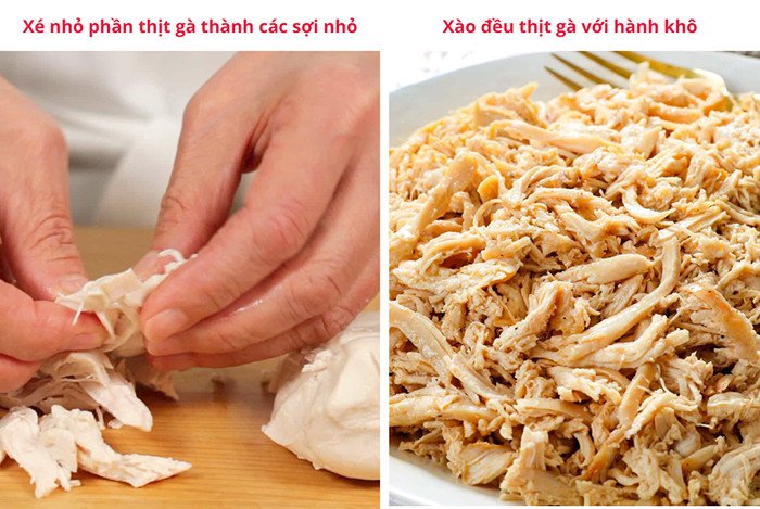Xé nhỏ thịt gà đã chế biến và xào thơm để nấu cháo gà