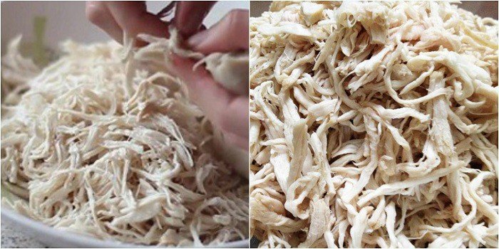 Xé sợi thịt heo thành những miếng nhỏ làm ruốc