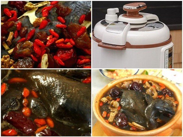 Xếp gà và thuốc bắc vào nồi áp suất và hầm chín nhừ