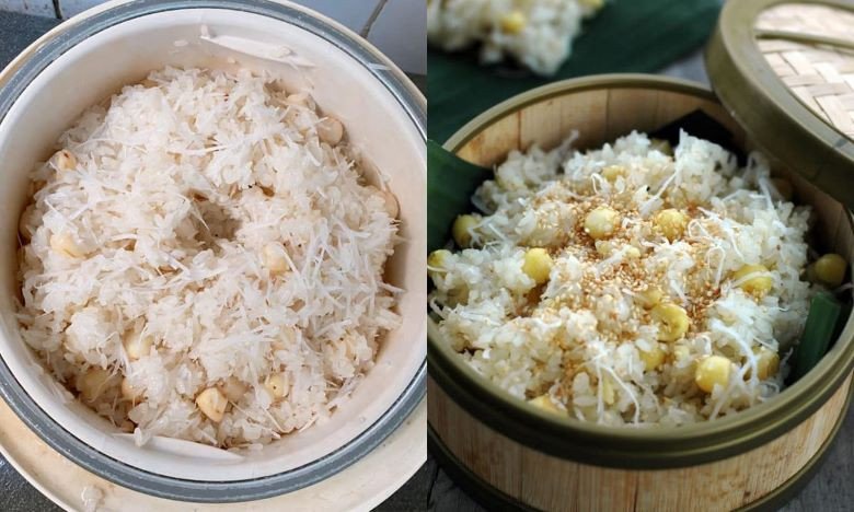 Xôi hạt sen mặn với chà bông và hành phi