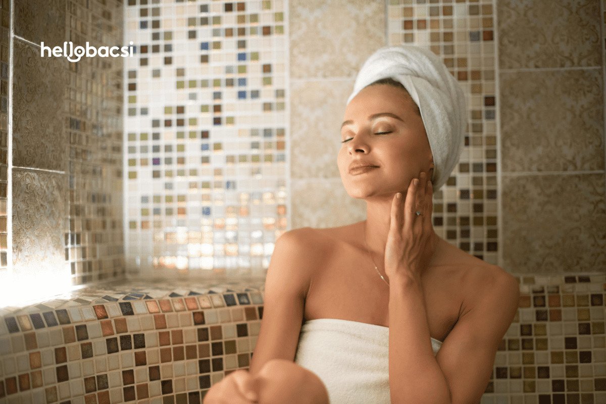 Xông hơi trong không gian xanh mát tại nhà, thể hiện lợi ích cho sức khỏe và giảm cân