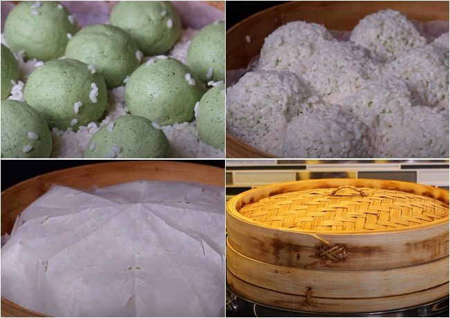 Xửng hấp đầy ắp những chiếc bánh khúc xôi đang được hấp chín tới với lớp xôi nếp bao phủ
