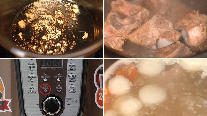 Xương heo đang hầm cùng rau củ trong nồi