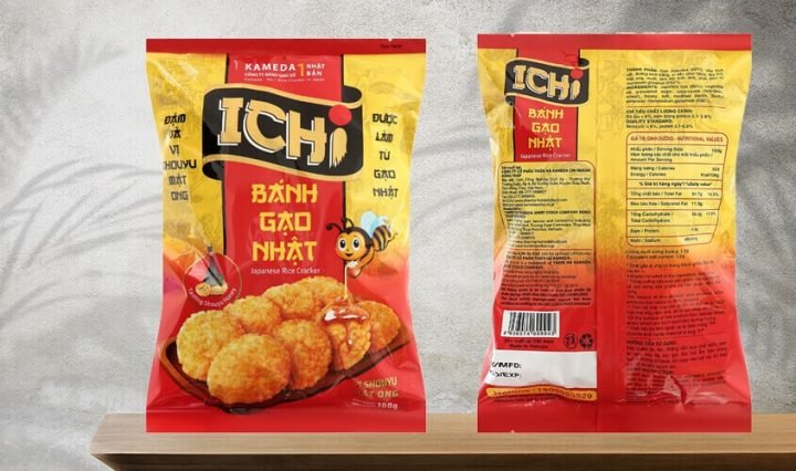 Bánh gạo Ichi vị shouyu mật ong gói 100g, thể hiện rõ giá trị dinh dưỡng và bánh gạo mật ong bao nhiêu calo.
