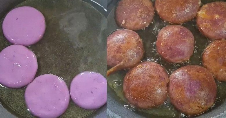 Bánh khoai mỡ nhân phô mai đang được chiên vàng giòn trong chảo dầu