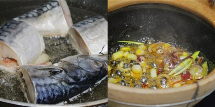 Cá và thịt ba chỉ đang được kho trong nồi cùng nước màu và gia vị cho món cá kho chuối xanh