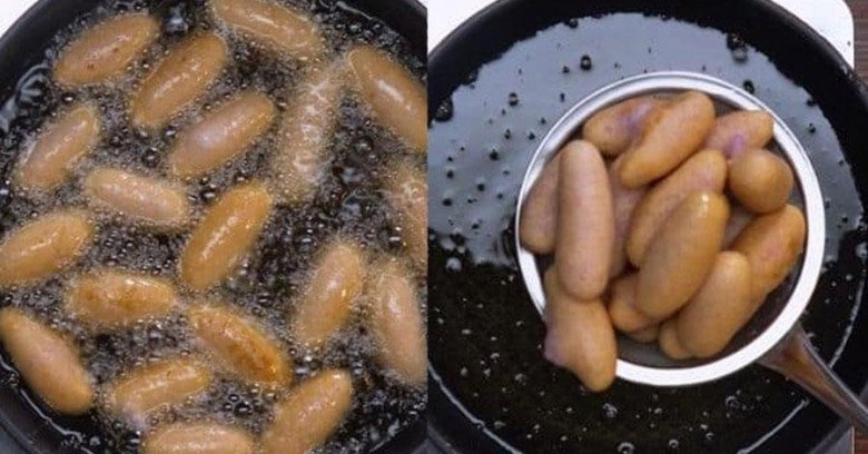 Các miếng bánh khoai mỡ chiên đang vàng đều trong chảo dầu nóng
