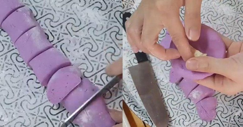 Các miếng bánh khoai mỡ đang được nặn với nhân phô mai ở giữa
