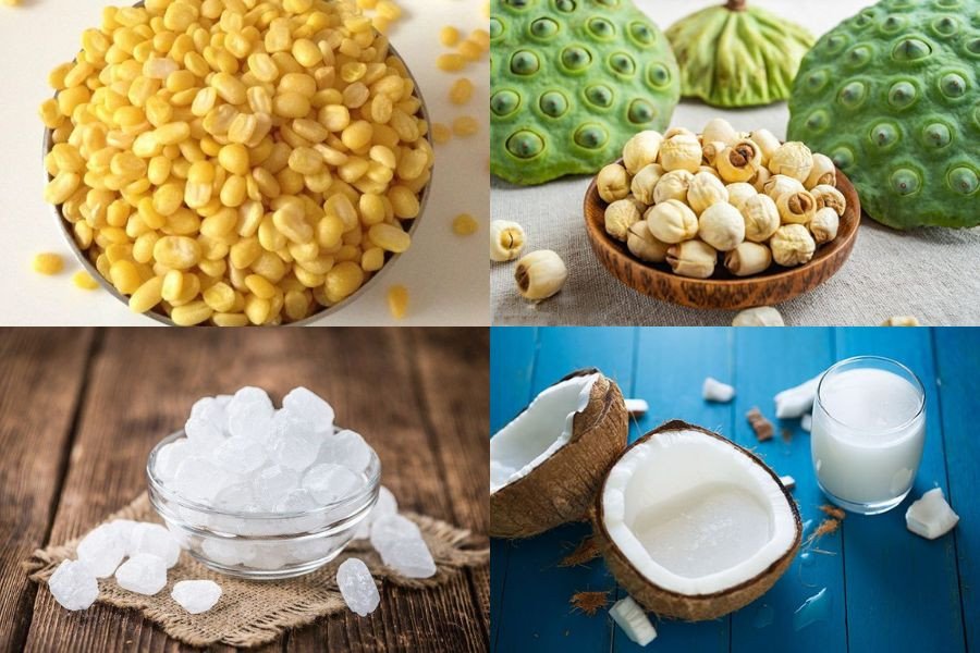 Các nguyên liệu chuẩn bị cho món chè đậu xanh nguyên hạt hạt sen