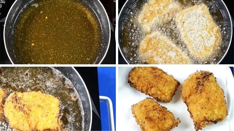 Chiên thịt heo tẩm bột trong chảo dầu nóng, đảm bảo vàng đều và giòn rụm