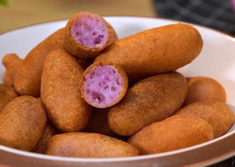 Đĩa bánh khoai mỡ chiên vàng đẹp mắt, vỏ giòn và nhân dẻo