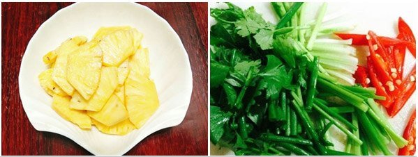 Dứa, hành, cần tây và ớt được sơ chế và thái lát sẵn sàng cho món xào