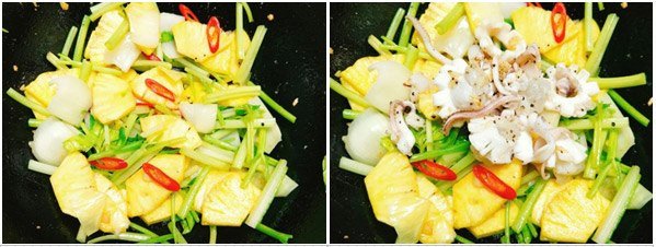 Dứa và rau củ được xào cùng mực cho ra món ăn hấp dẫn