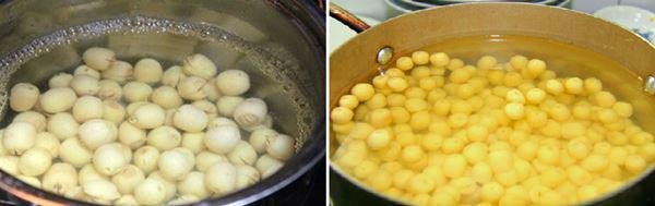 Hạt sen đã luộc sơ đang được nấu cùng nước đường phèn trong nồi