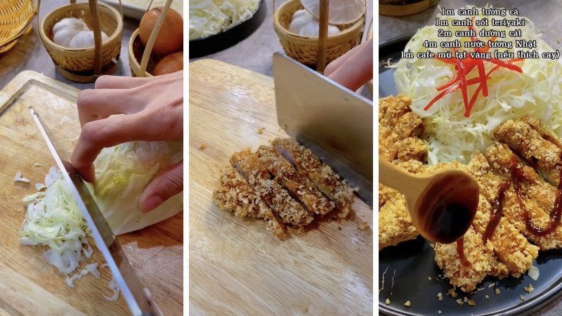 Hoàn thành món thịt chiên xù sốt Teriyaki với bắp cải thái sợi và nước sốt thơm ngon