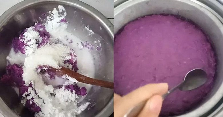 Hỗn hợp bột khoai mỡ và nước cốt dừa đang được nhào trộn để tạo thành khối bột dẻo