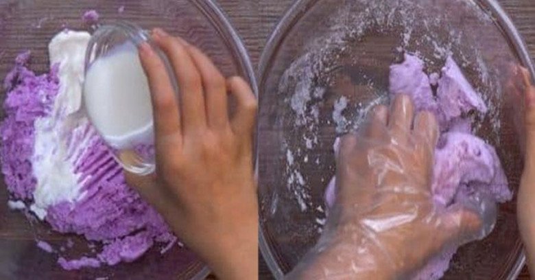 Hỗn hợp bột mì, bột nếp, khoai mỡ, sữa tươi và sữa đặc đã được trộn đều, chuẩn bị ủ