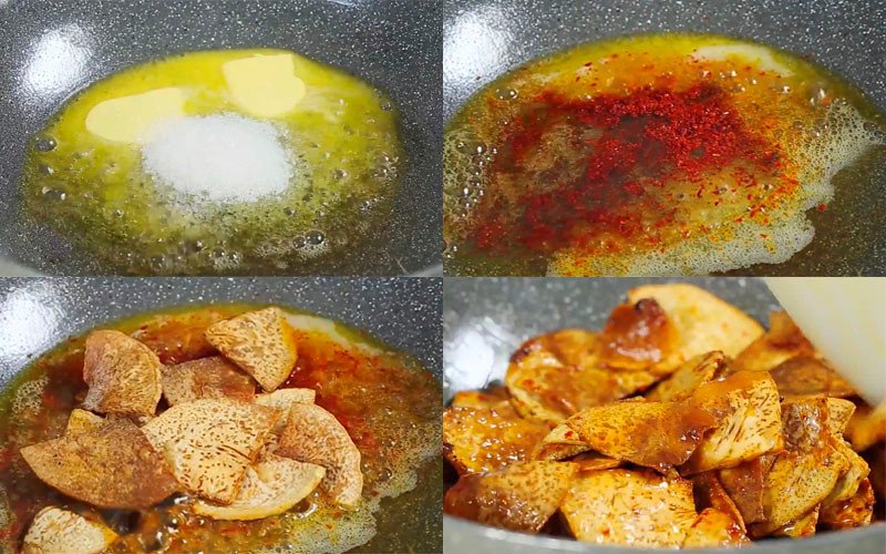 Khoai môn chiên nước mắm thấm đều gia vị cay nồng hấp dẫn