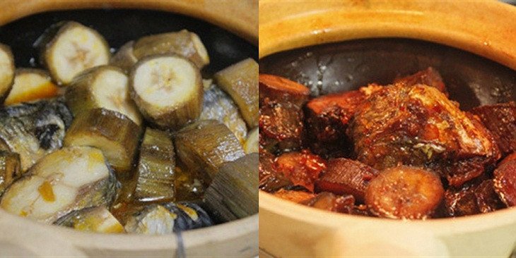 Món cá kho chuối xanh thịt ba chỉ sau khi hoàn thành, hấp dẫn và thơm ngon