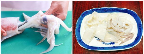 Mực ống tươi được làm sạch và thái miếng chuẩn bị xào