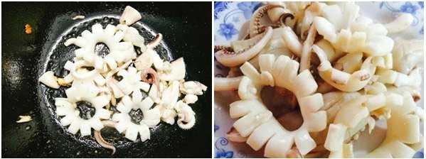 Mực tươi được xào nhanh trên lửa lớn để giữ độ giòn