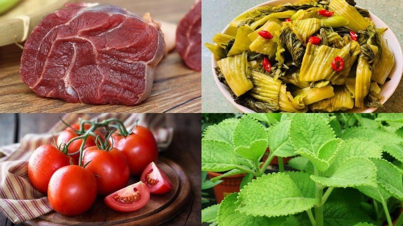 Nguyên liệu cho món canh dưa chua thịt bò rau tần