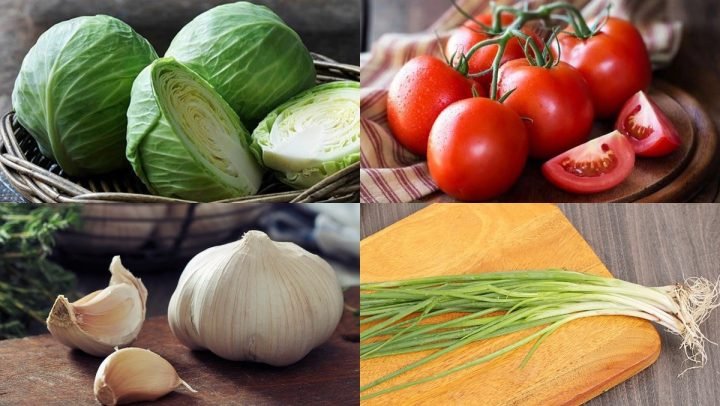 Nguyên liệu chuẩn bị cho món bắp cải xào cà chua tươi ngon
