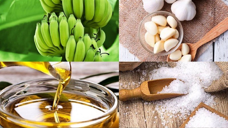 Nguyên liệu chuẩn bị cho món chuối xanh xào tỏi