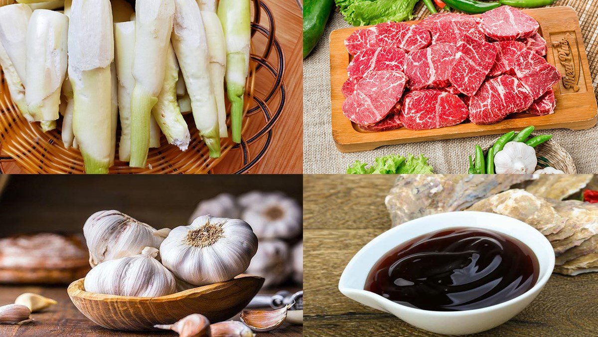 Nguyên liệu chuẩn bị cho món củ niễng xào thịt bò