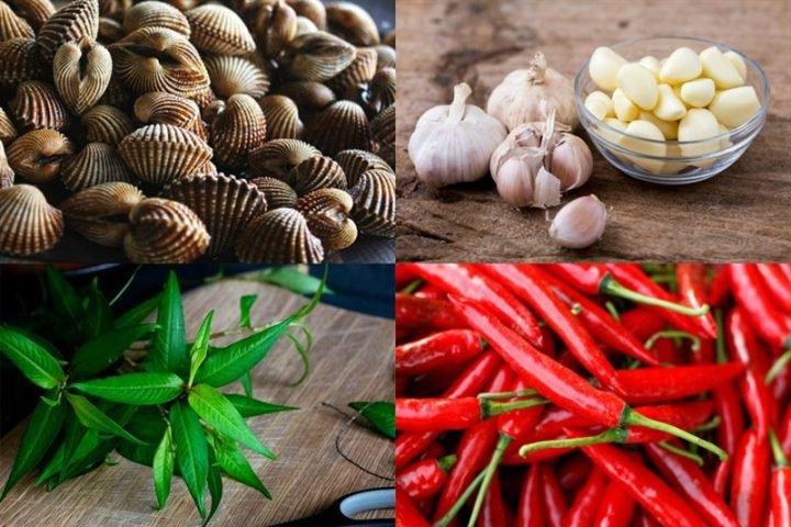 Nguyên liệu xào sò huyết cháy tỏi chuẩn bị sẵn