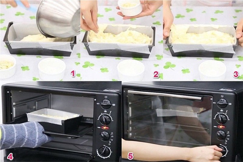 Nướng bánh bông lan hạnh nhân vàng đều trong khuôn, hương thơm lan tỏa