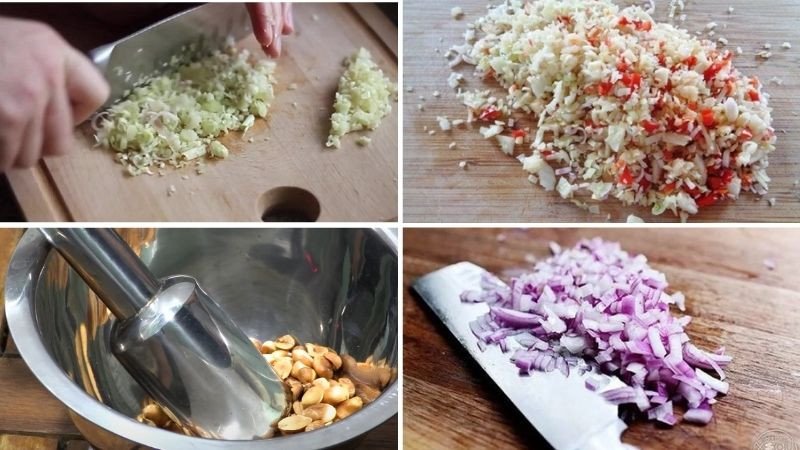 Sơ chế sả băm, hành tỏi và đậu phộng cho vịt giả cầy miền Tây