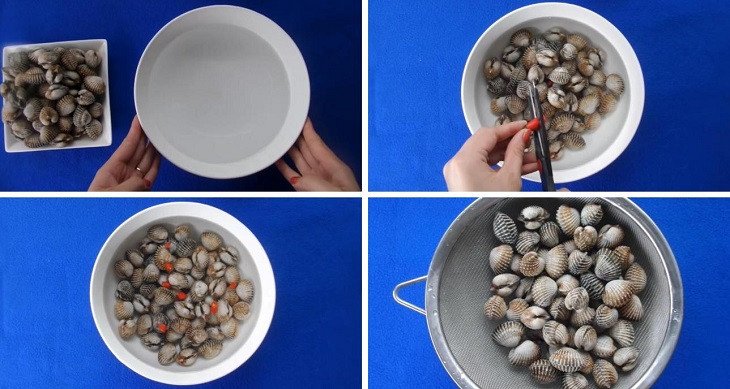 Sò huyết ngâm sạch cát để chuẩn bị xào