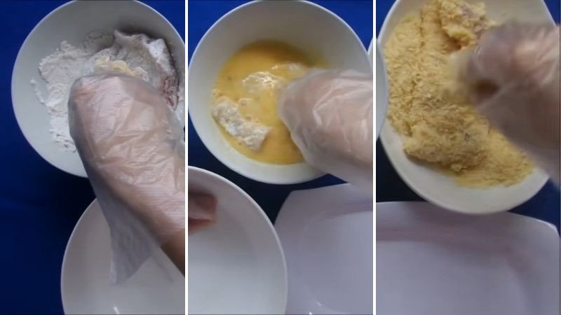 Tẩm bột thịt heo chiên xù qua các lớp bột mì, trứng và bột chiên xù