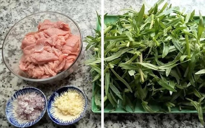 Tất cả nguyên liệu đã sẵn sàng cho cách xào thịt ngựa rau ngổ