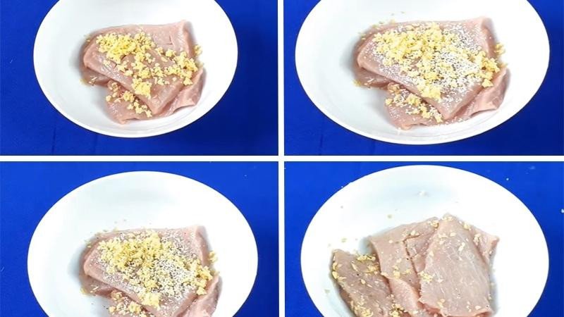 Ướp thịt heo đã sơ chế với gừng, hạt nêm, bột canh và tiêu để thịt đậm đà hương vị