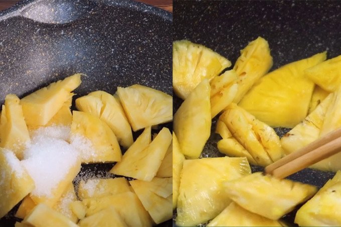 Xào dứa (thơm) chuẩn bị kho sườn