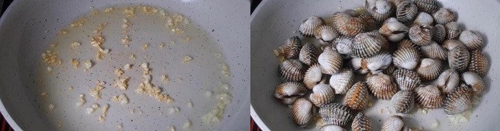 Xào sò huyết với tỏi bơ trên chảo nóng