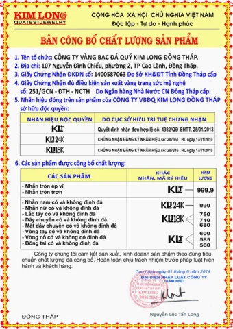 Giấy chứng nhận chất lượng sản phẩm vàng Kim Long