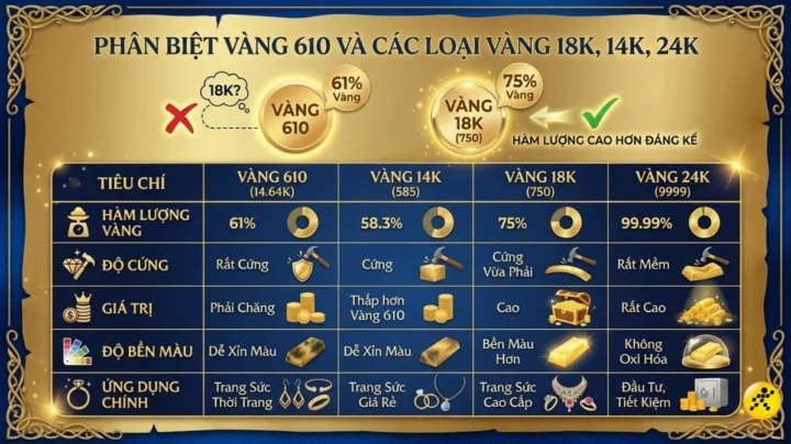 Vàng 610 Là Gì? Phân Tích Chi Tiết & Dự Báo Xu Hướng 2026 So sánh các loại vàng phổ biến